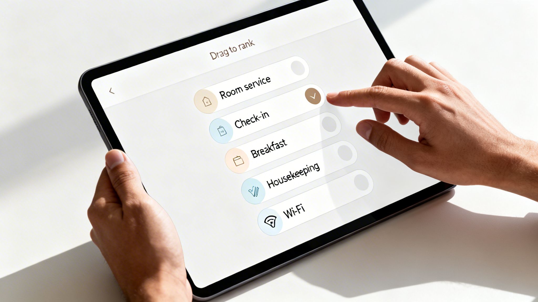A person uses a tablet to rank various hotel services like room service and check-in.