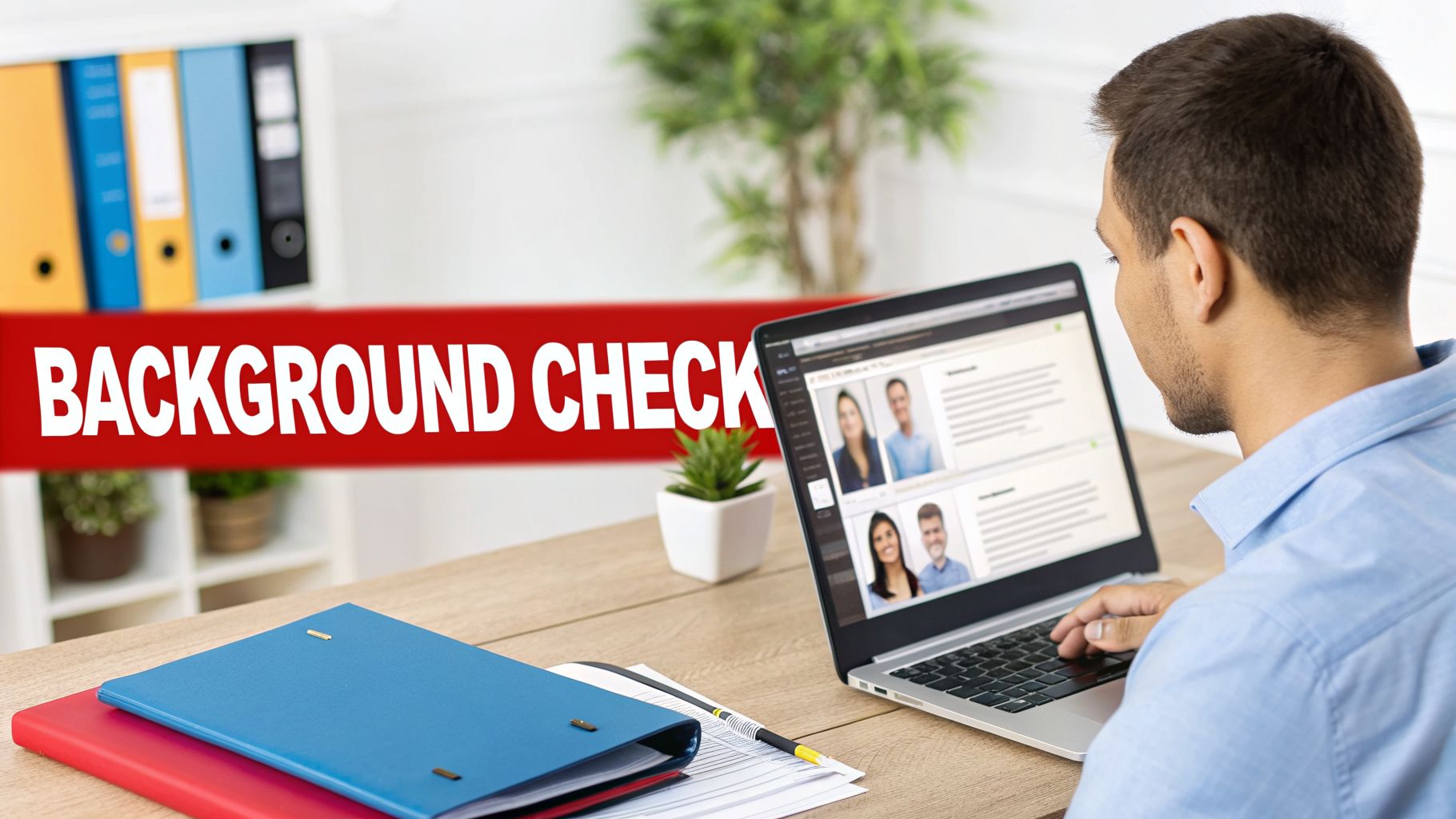 Man using a laptop for an employment background check, with office files on a desk.