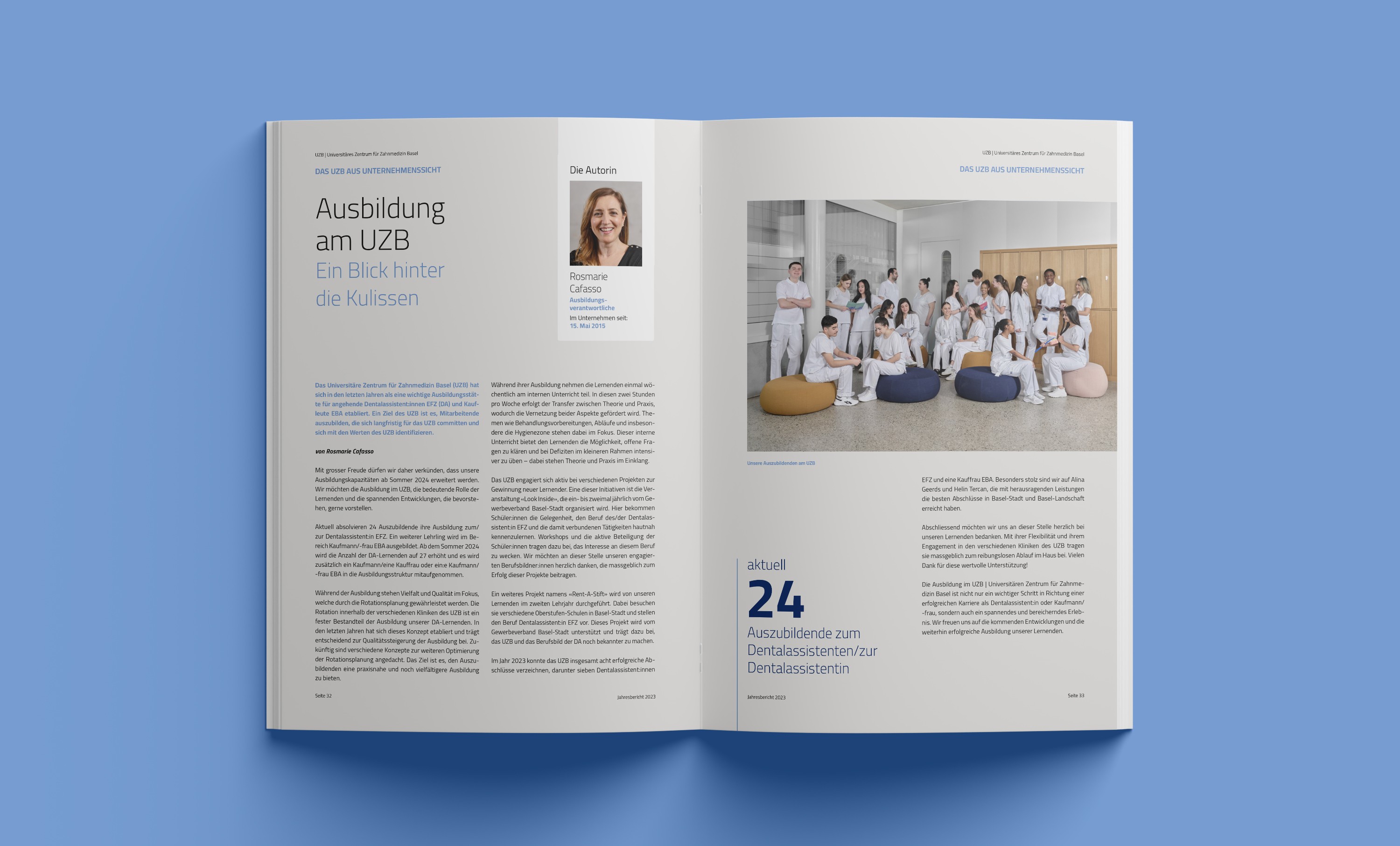 Layoutgestaltung des UZB Jahresberichts 2023 – präzise Rasterstruktur und klare Hierarchie im Editorial Design