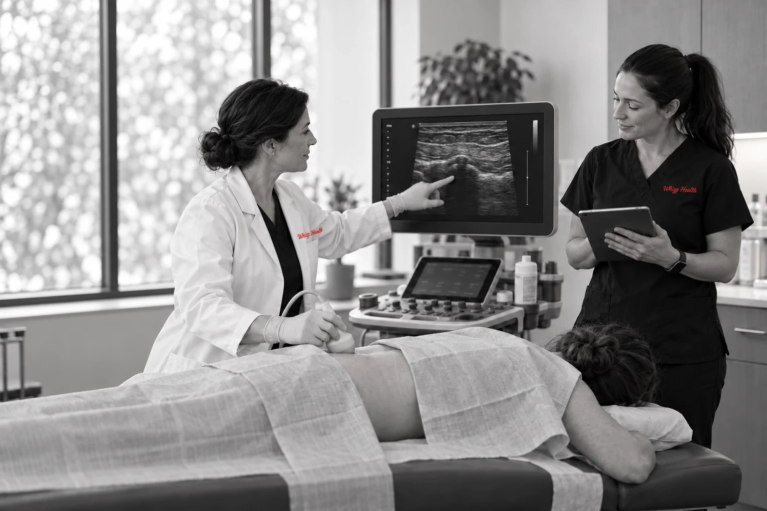 Pain specialist performing an ultrasound-guided exam while a coordinator records results