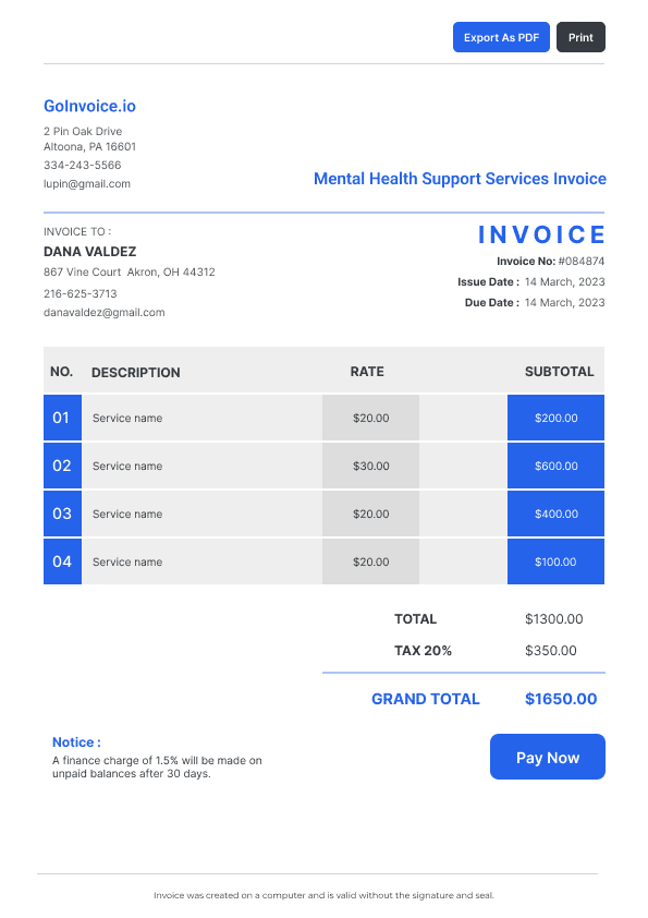 Mental Health Support Services Invoice