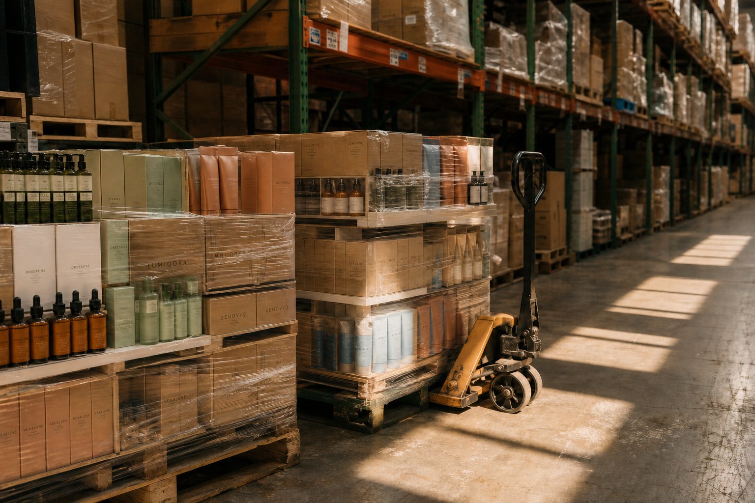 Warehouse pallets of skincare with fictional labels, waiting for FBA inbound