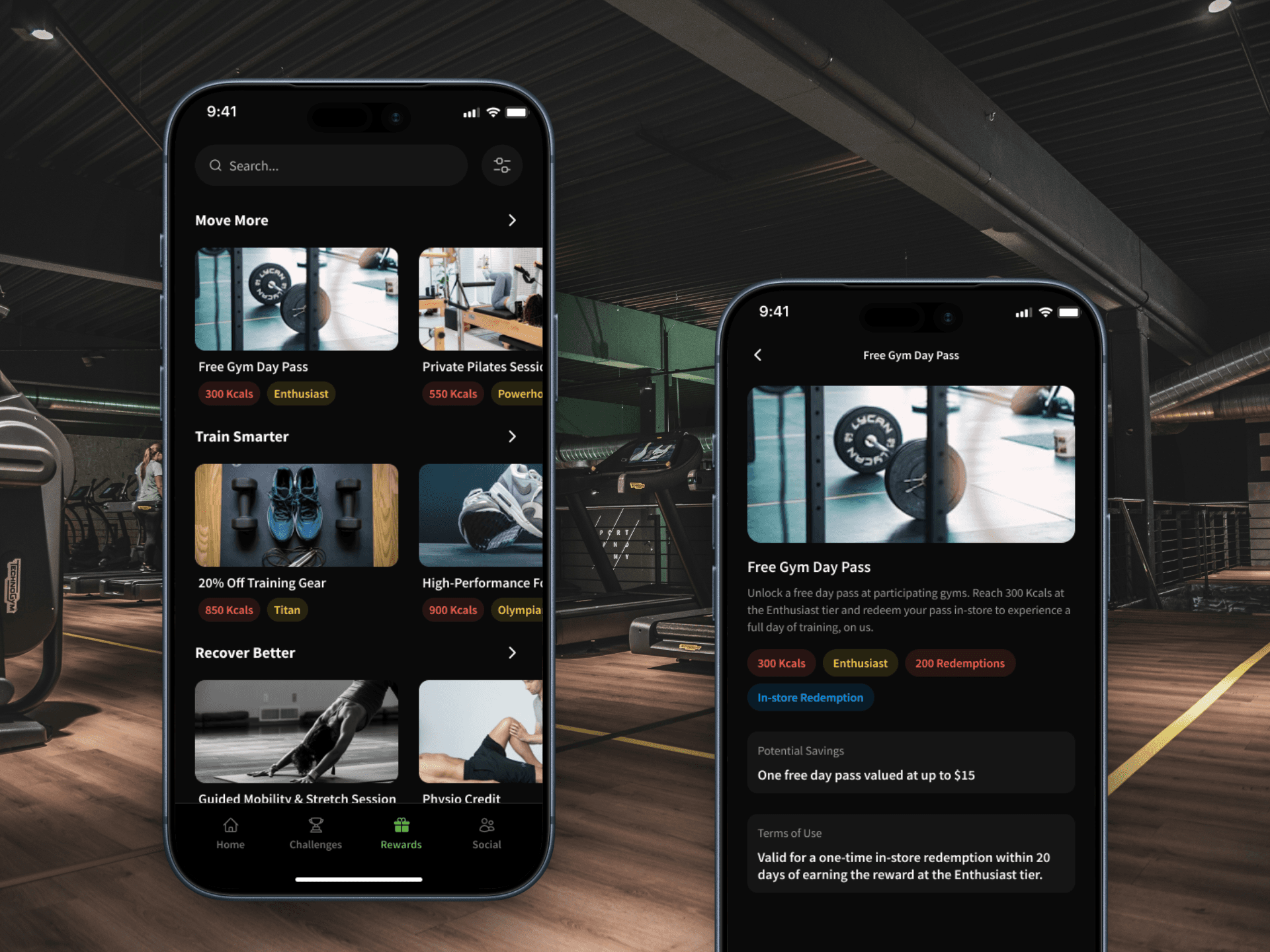 Two BeneFit app screens displaying a rewards marketplace with gym passes, training gear, and partner offers, shown against a gym background.
