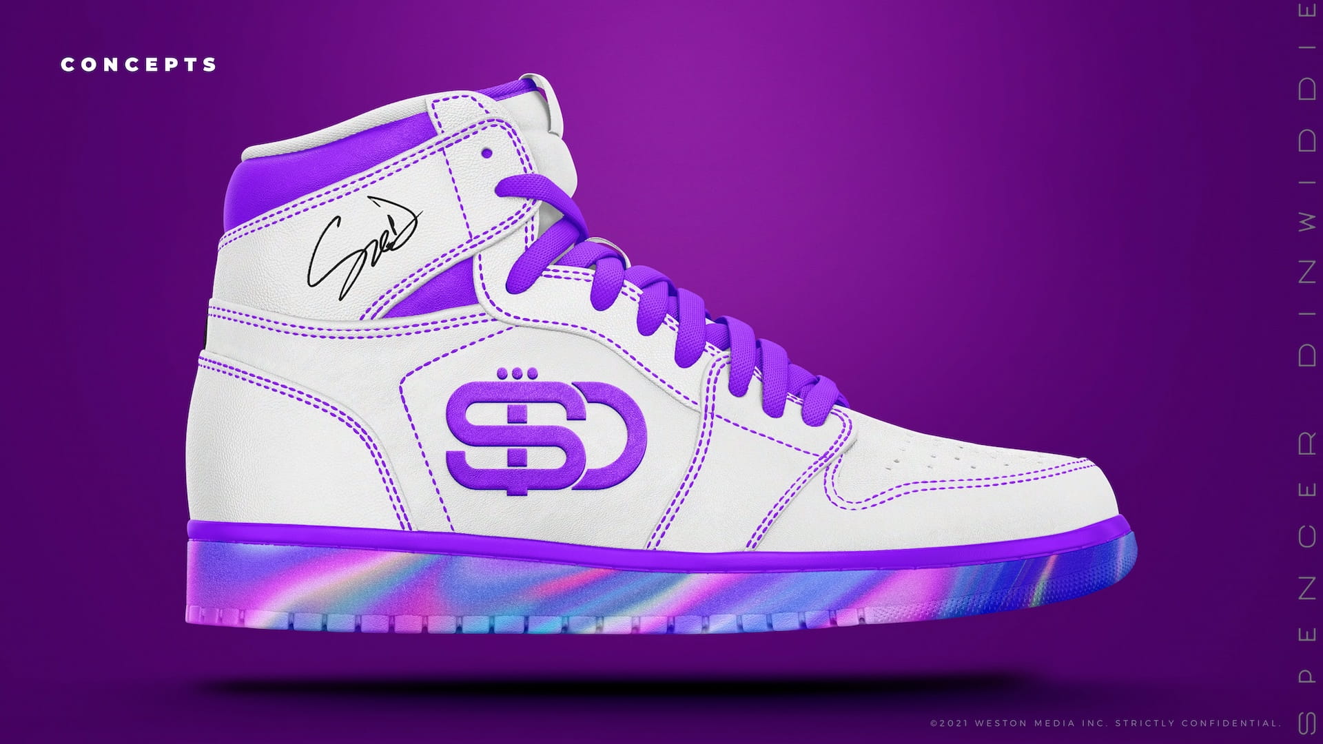 SD.26 white and purple high-top sneaker concept featuring contrast stitching, SD logo, signature, and iridescent rainbow sole