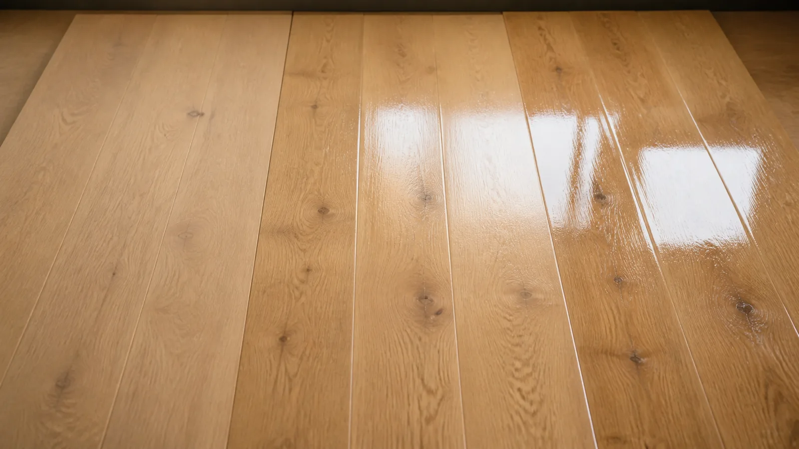 Comparaison des finitions mate, satinée et brillante sur un parquet en chêne