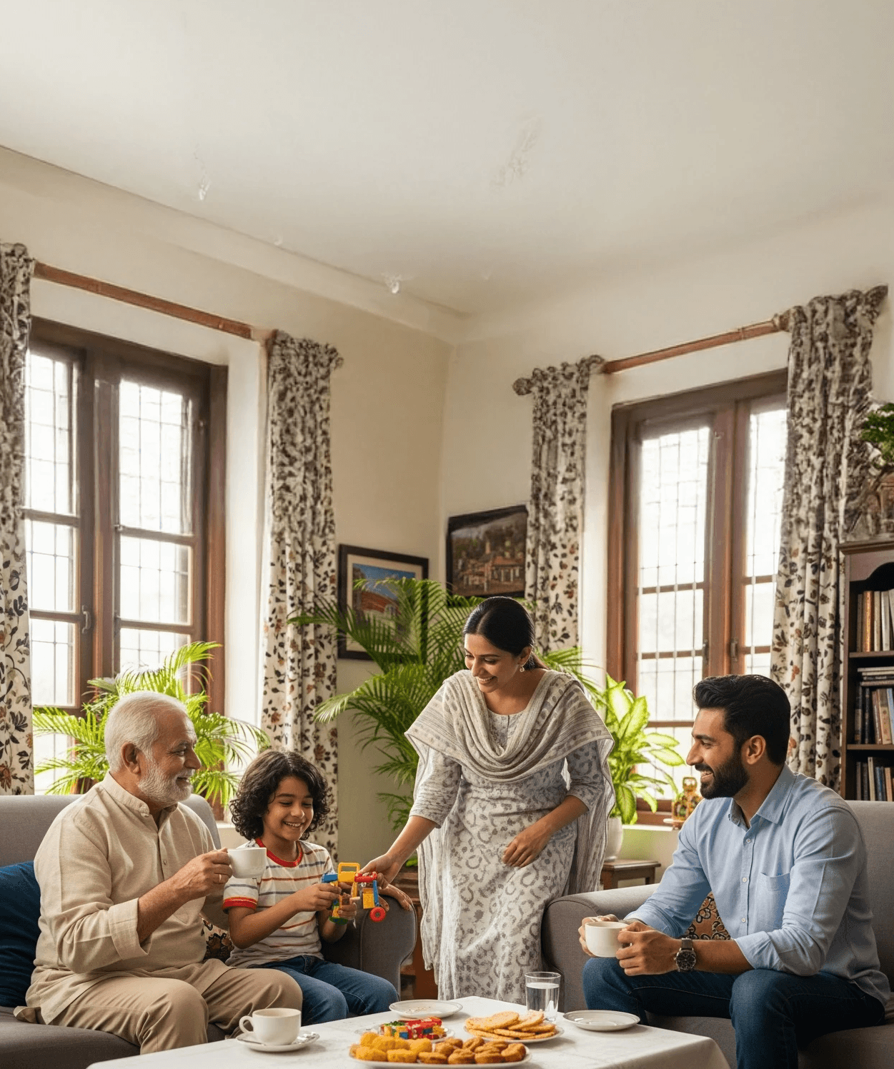 A Hindu Undivided Family sitting together in a living room enjoying snacks.