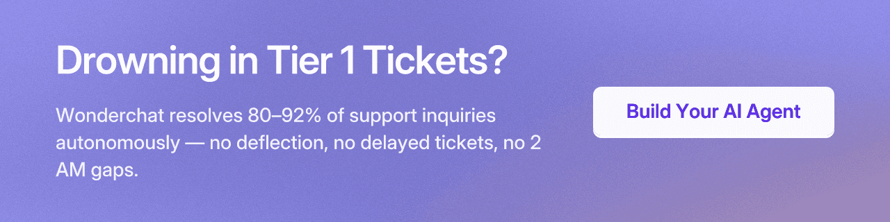 Drowning in Tier 1 Tickets? Wonderchat resolves 80–92% of support inquiries autonomously — no deflection, no delayed tickets, no 2 AM gaps. Build Your AI Agent