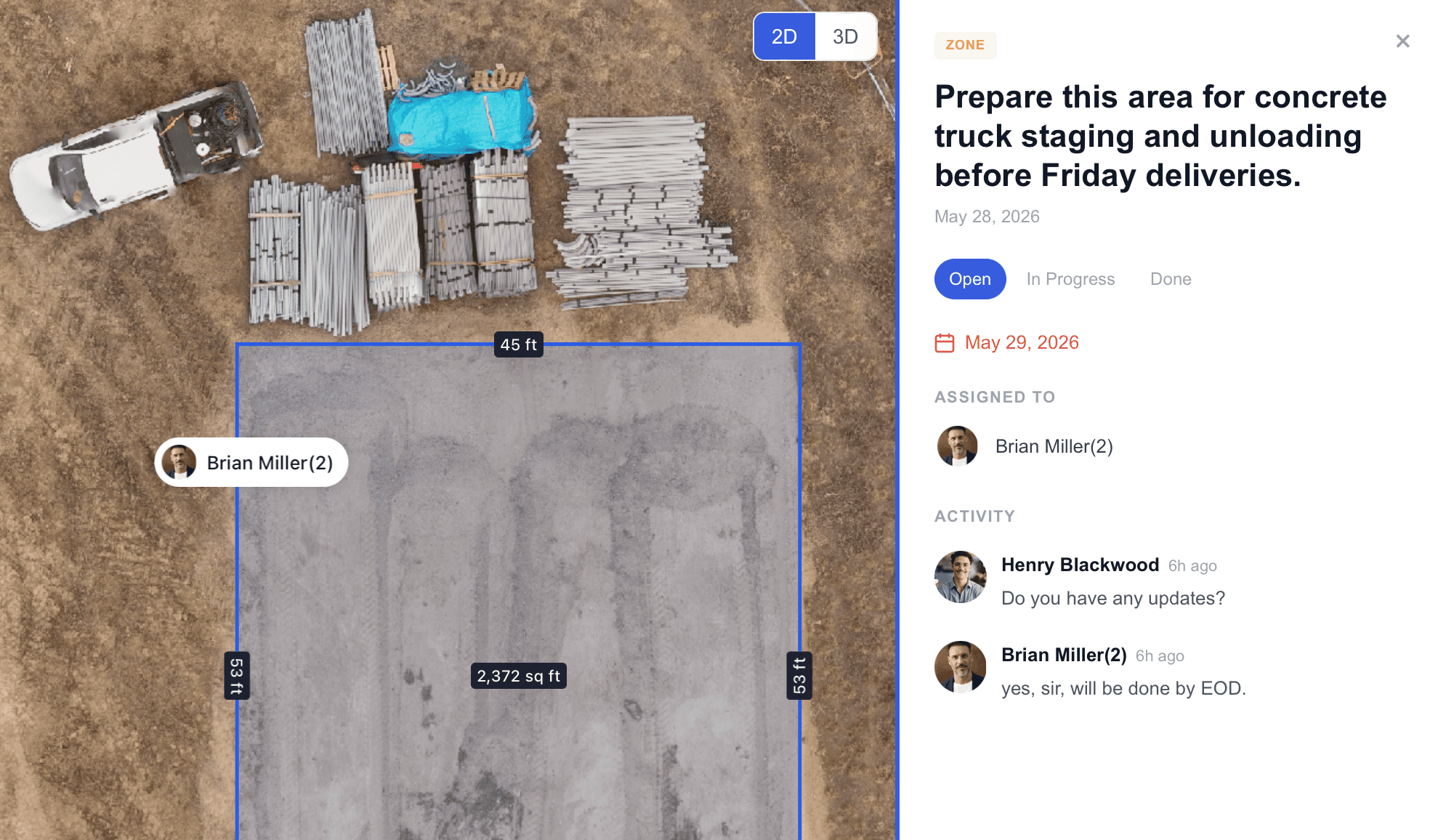 Project map with tasks and work zones