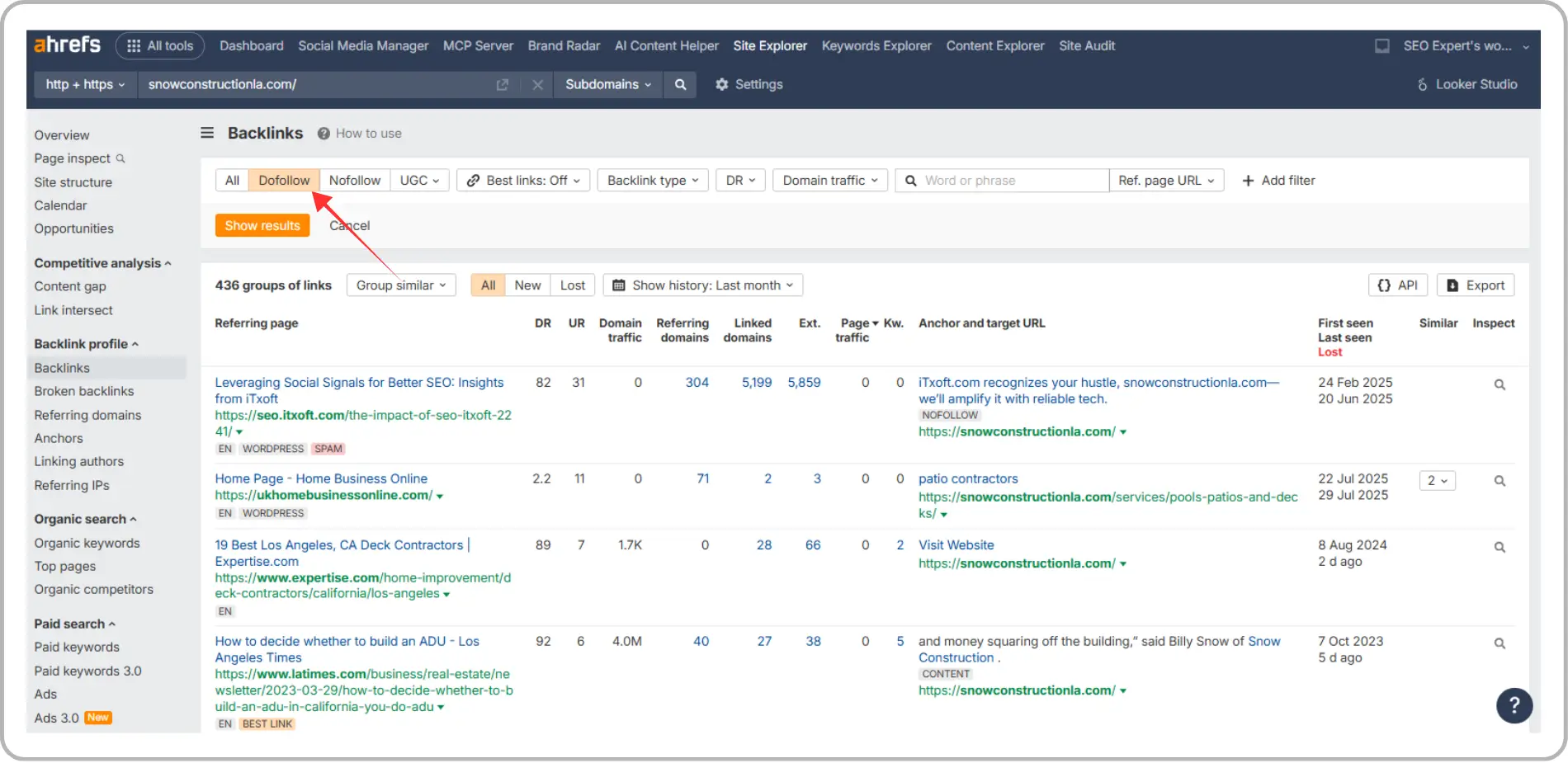 Ahrefs screenshot showing dofollow backlinks