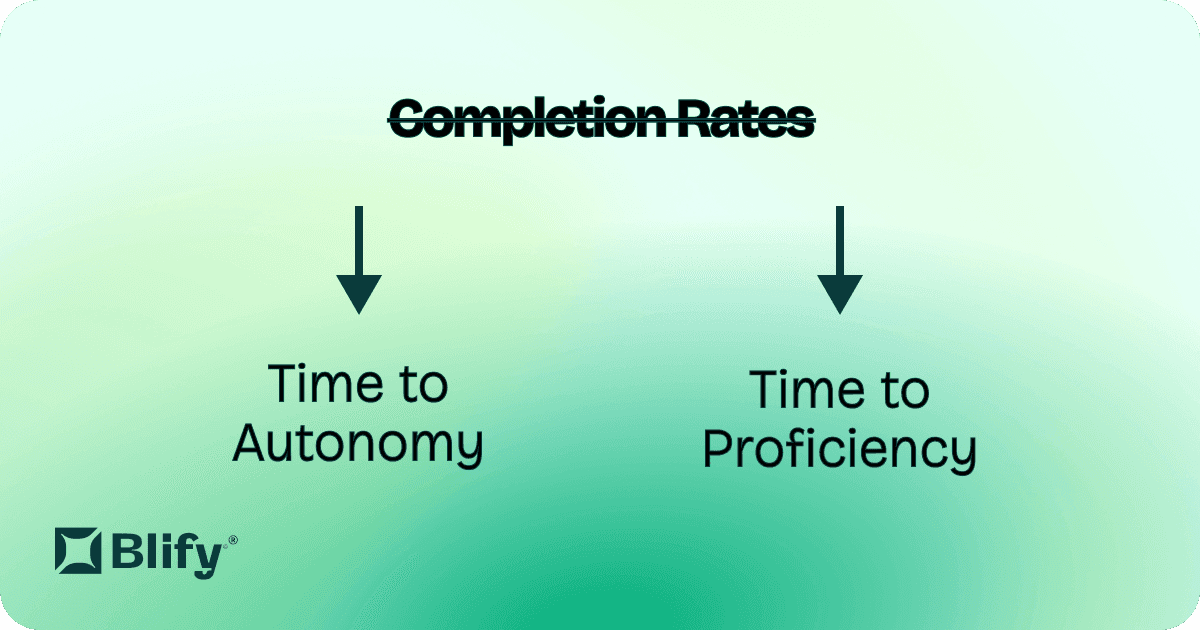 A graphic showing the text 'Completion Rates' crossed out, with arrows pointing down to 'Time to Autonomy' and 'Time to Proficiency'.