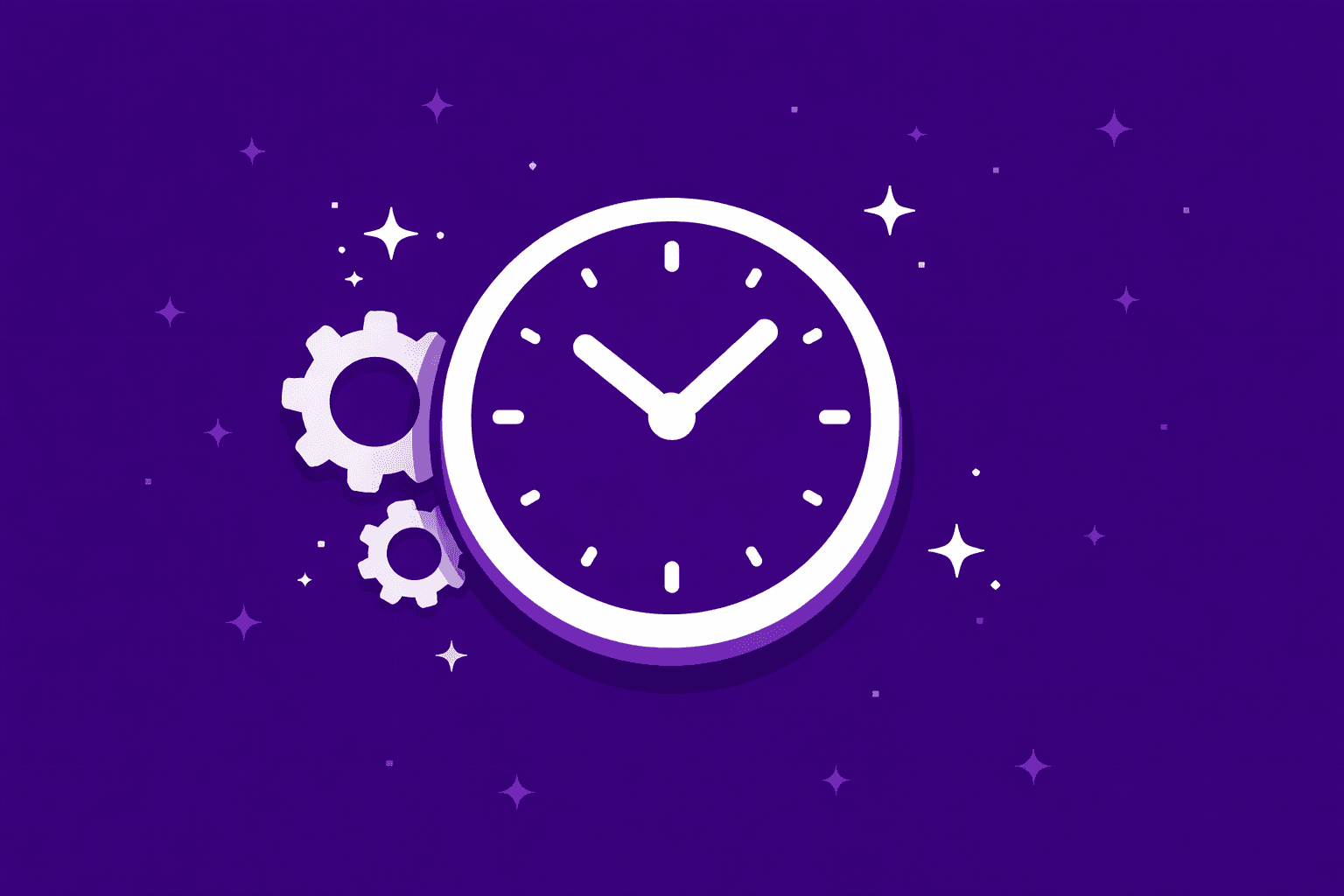 Purple illustration of a clock with gears beside it, symbolising processing speed, efficiency, and cognitive timing.