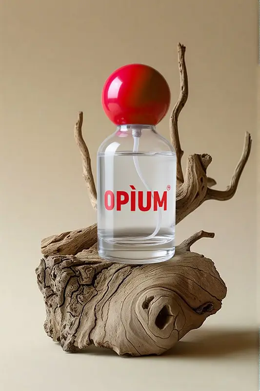 A clear glass perfume bottle with a bold red cap labeled "OPÌUM" is elegantly displayed on a textured piece of driftwood against a neutral beige backdrop, highlighting its luxurious and artistic appeal.