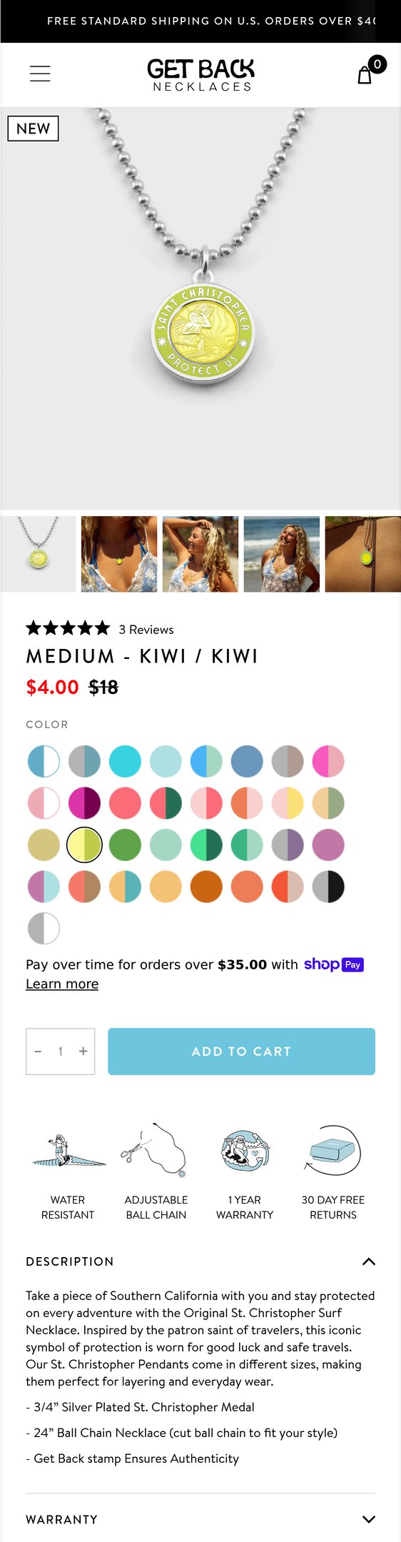 Jewelry product options include: necklace, pendant for Medium - Kiwi / Kiwi from Get Back Necklaces.