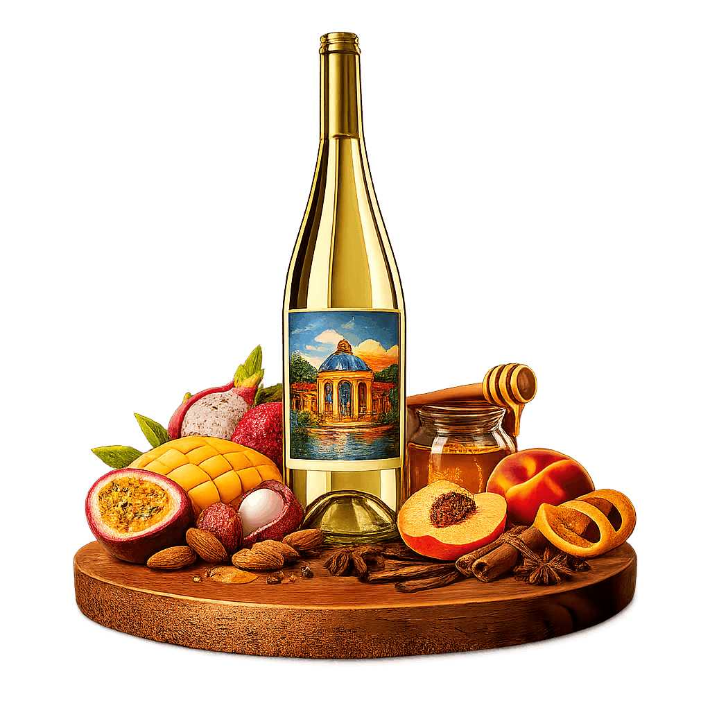 Artistic label and flavor profile for Austrian Thermenregion White on a rustic wooden table.