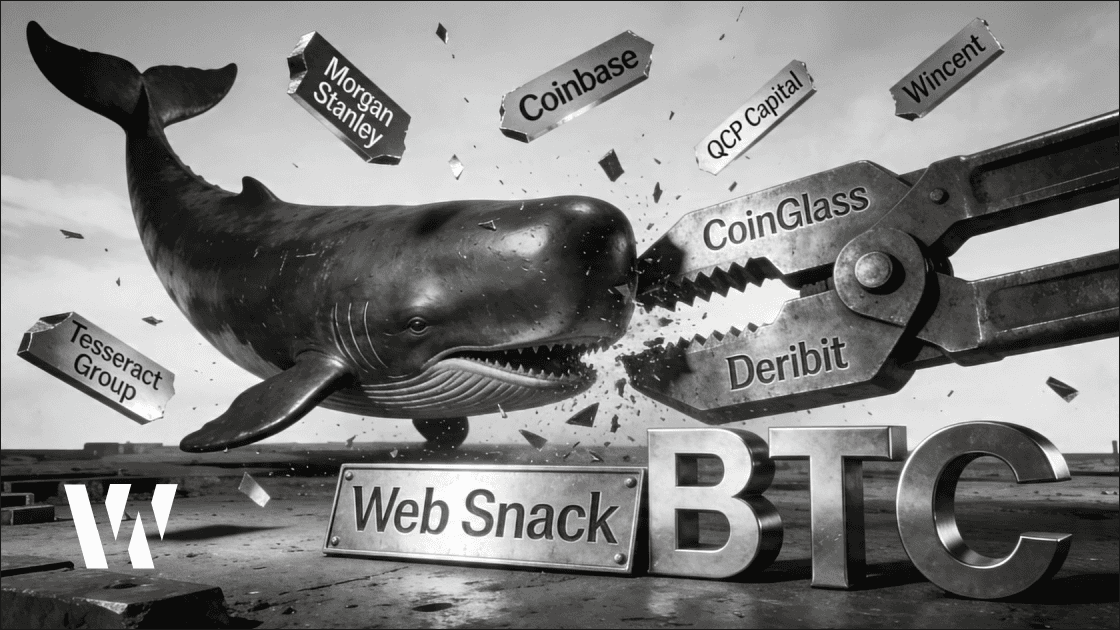 Mechanical whale breaking through steel vice representing Bitcoin short squeeze liquidation cascade, $425 million in leveraged shorts wiped out April 2026 – Web Snack crypto news