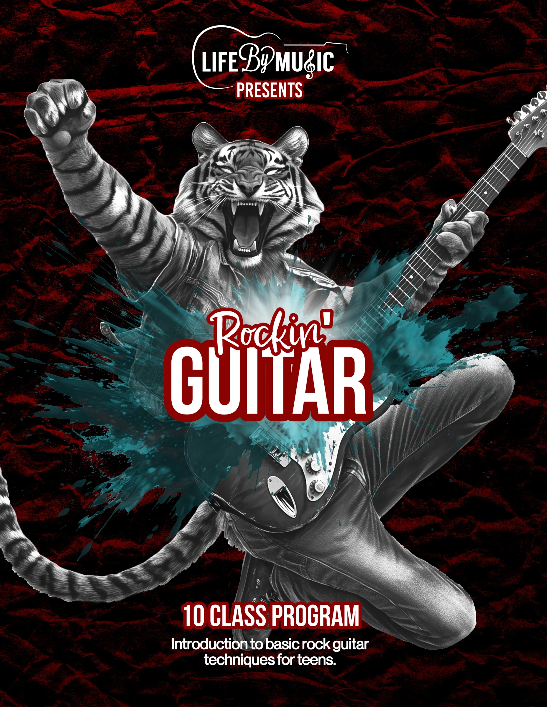 Life By Music Rockin' Guitar programme artwork with a tiger playing guitar.