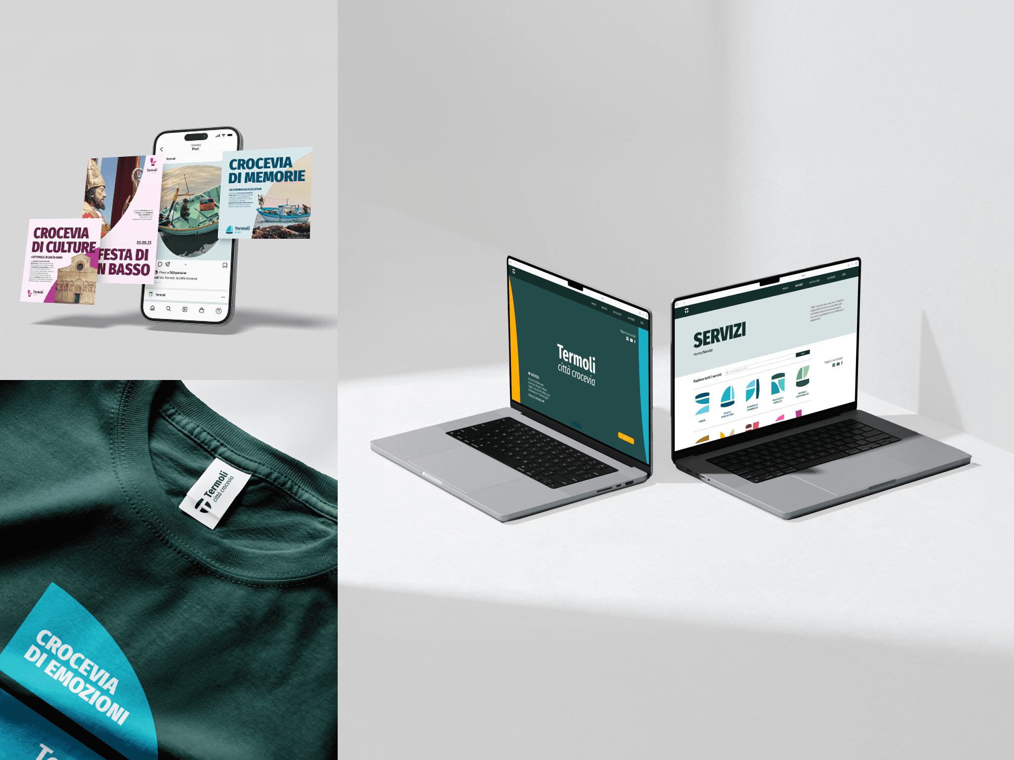  Image showing three mockups on a grey background: the first features an iPhone displaying Instagram posts related to the Termoli city branding project, the second shows a branded Termoli t-shirt, and the third shows two computers displaying the City of Termoli website.