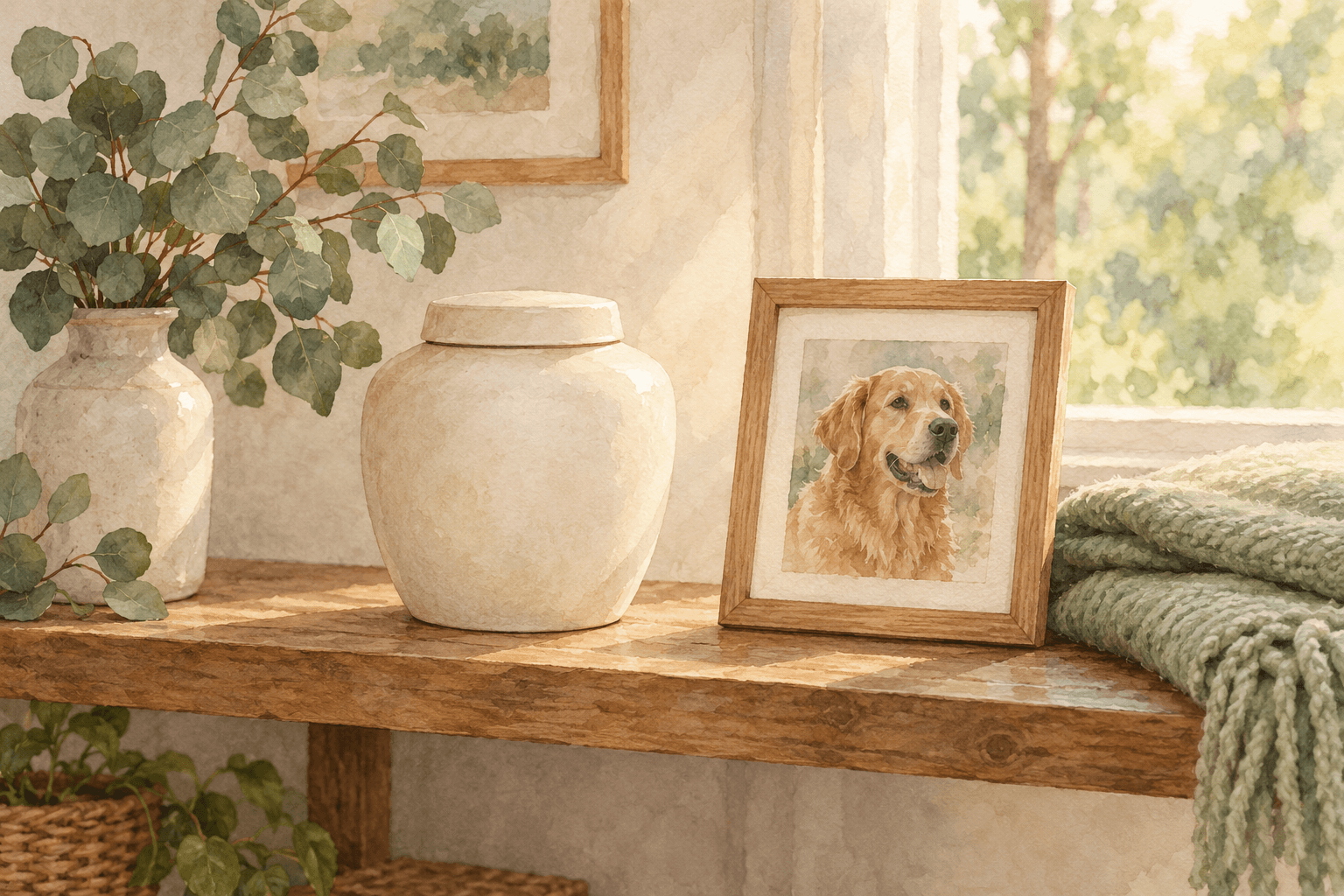 Illustrative memorial shelf with a cream urn, dog portrait and eucalyptus