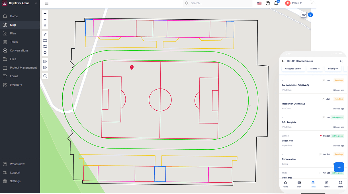 Layered map and plan views of your construction jobsite on TaskMapper Web and mobile app.