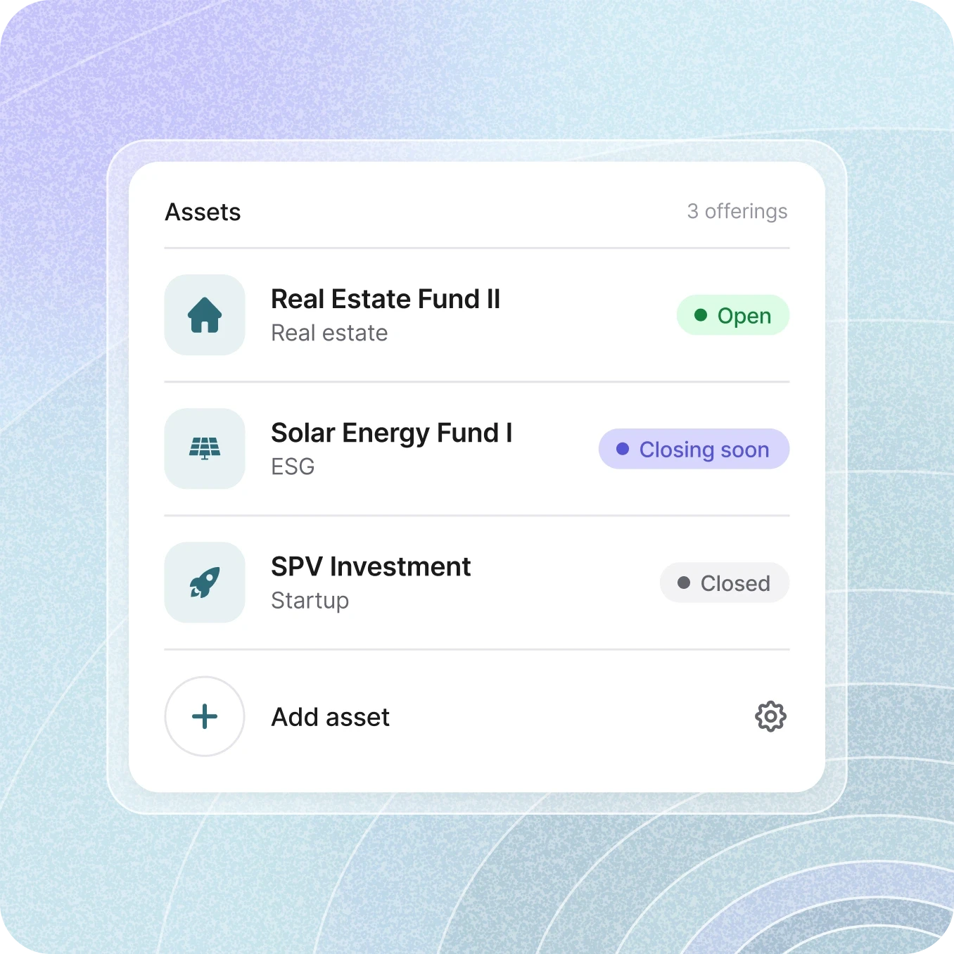 Asset-Übersicht mit drei Angeboten: Real Estate Fund II (Immobilien, offen), Solar Energy Fund I (ESG, schließt bald) und SPV Investment (Startup, geschlossen), darunter ein Button „Add asset“.