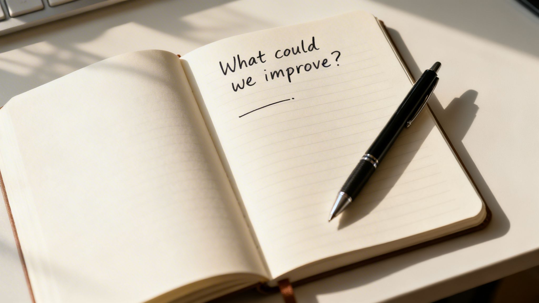 Open notebook on a desk with a black pen, displaying the handwritten question: 'What could we improve?'.