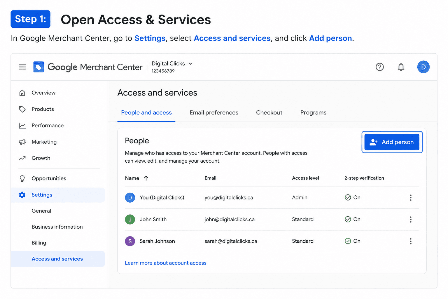 Google Merchant Center screen showing where to add a person under Access and services.