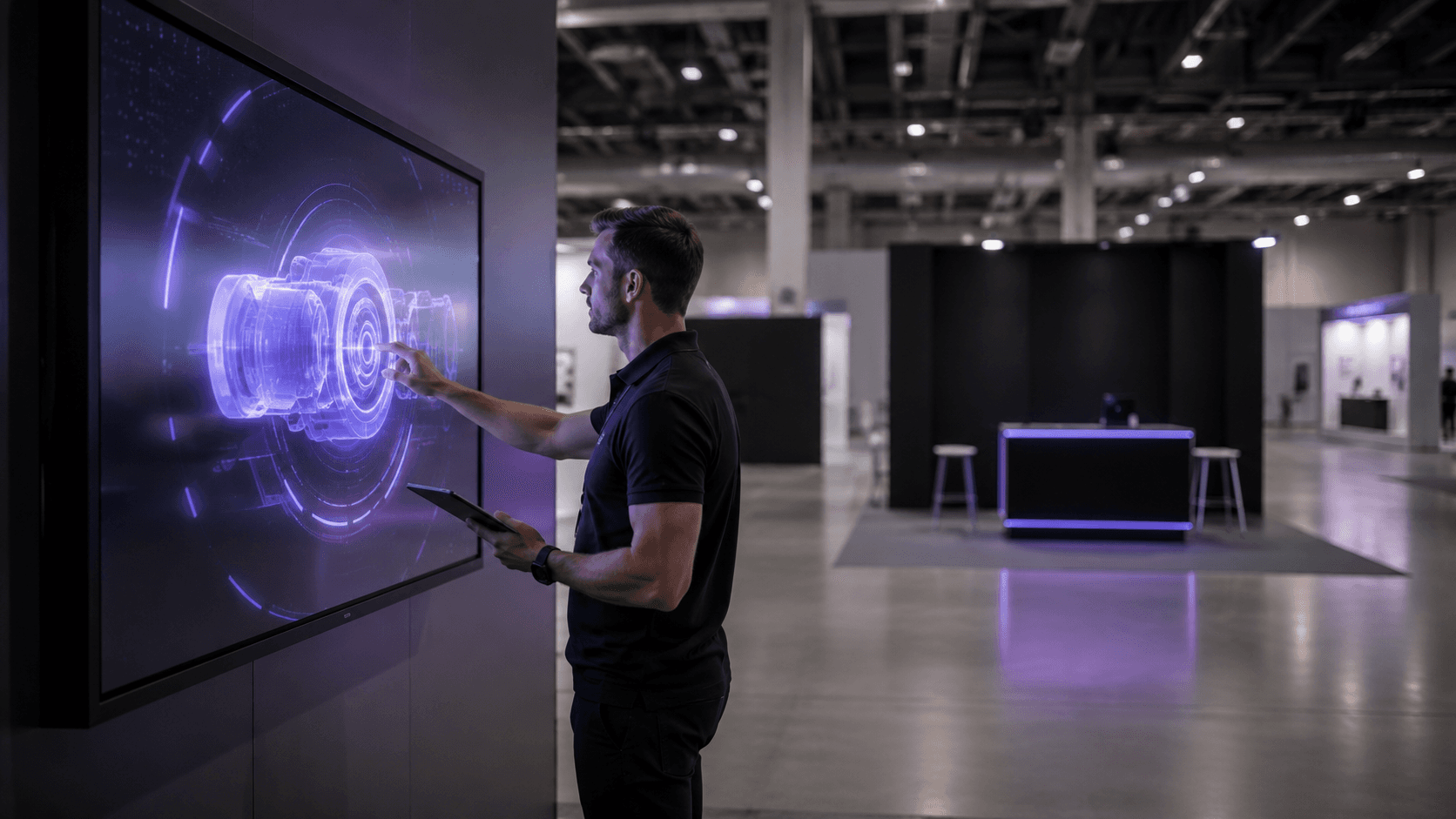 Staff member testing an interactive 3D display in a quiet exhibition hall before doors open