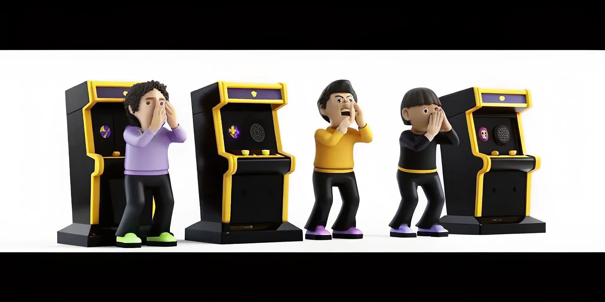 Colorful lineup of distinct 3D animated AI characters in a neon arcade