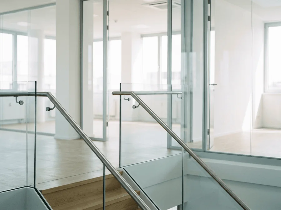 Heller, moderner Büroflur mit gläsernen Trennwänden, Türen und einem Treppengeländer mit Glasscheiben