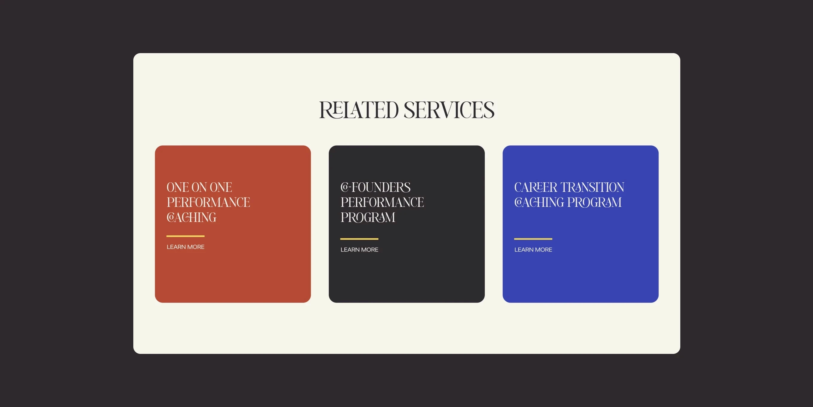 Módulo de servicios relacionados en tres tarjetas color