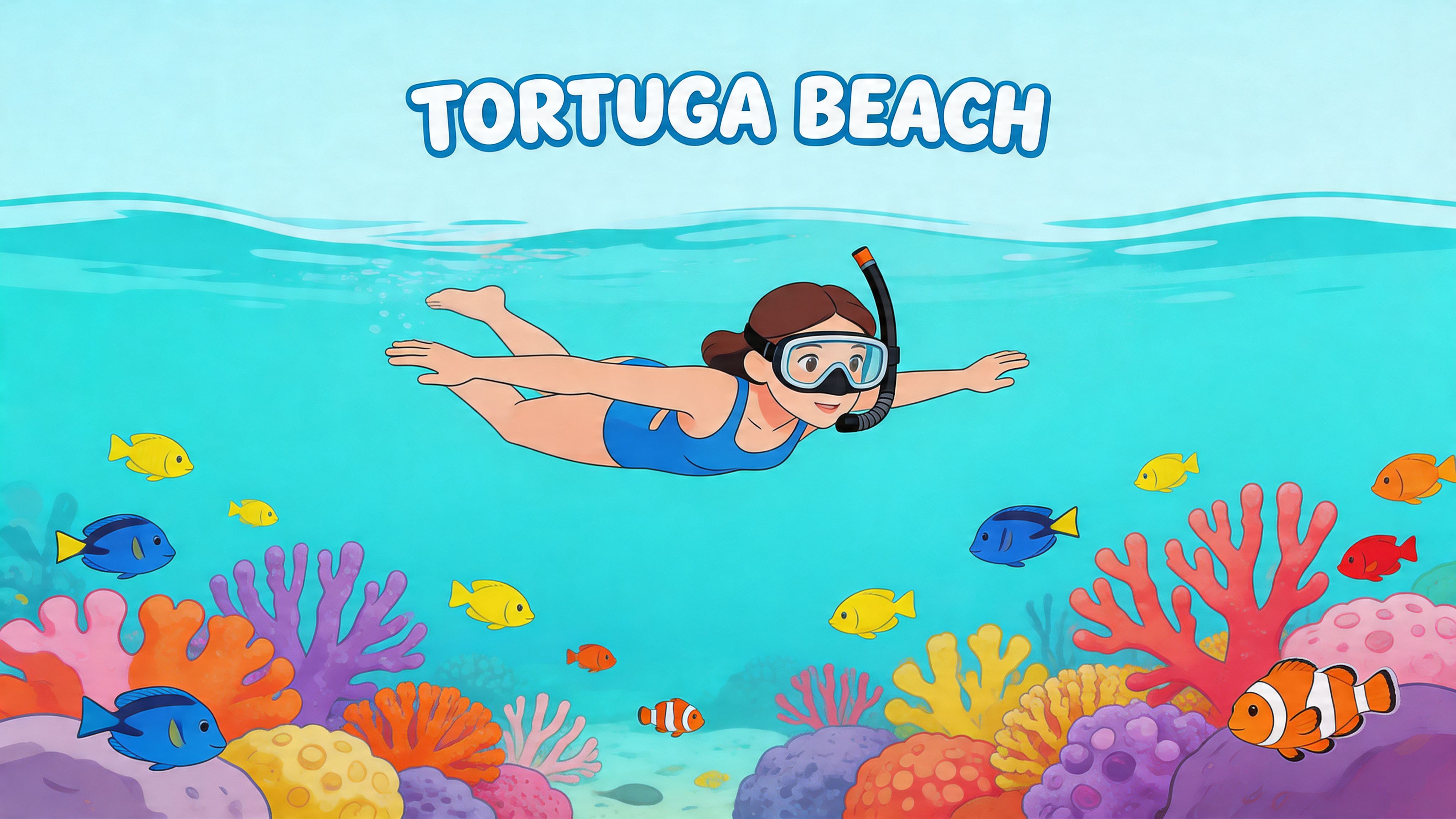 A cartoon illustration of a young girl snorkeling in clear blue water surrounded by colorful coral reefs.