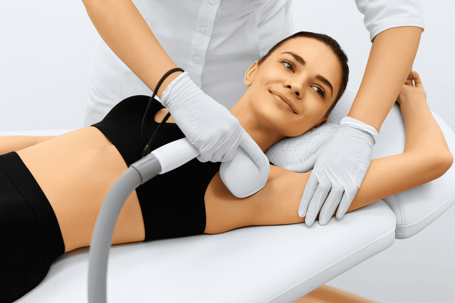 Woman receiving laser hair removal underarms as part of advanced body treatments for smoother, rejuvenated skin.