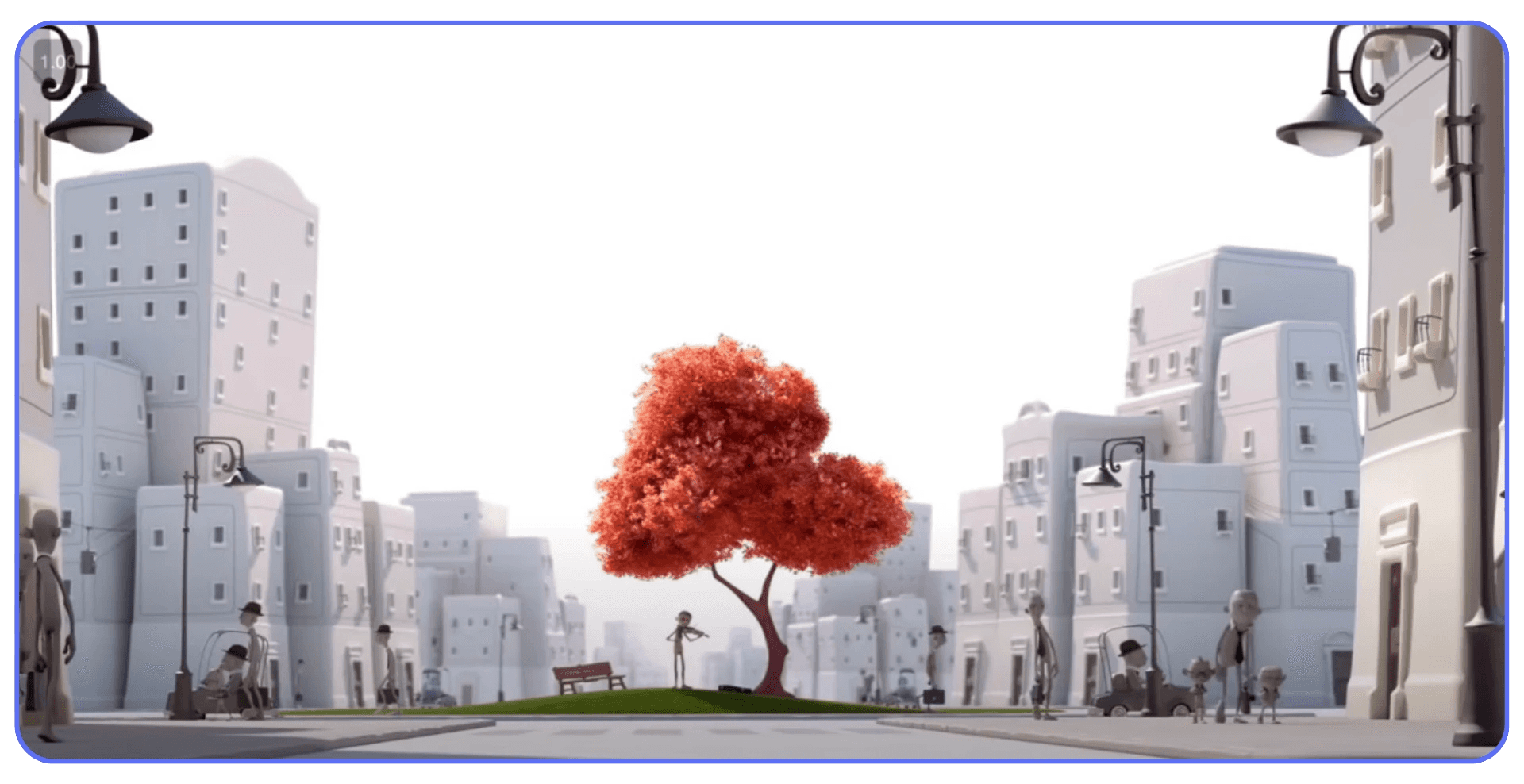 Minimalist city scene from Alike, a Blender-made short film showing a lone tree in a gray urban environment