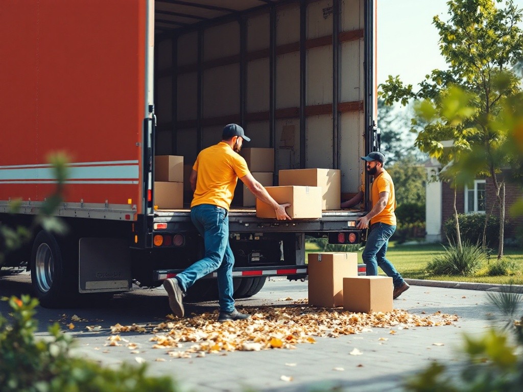 Two men unloading boxes from the back of a moving truck.