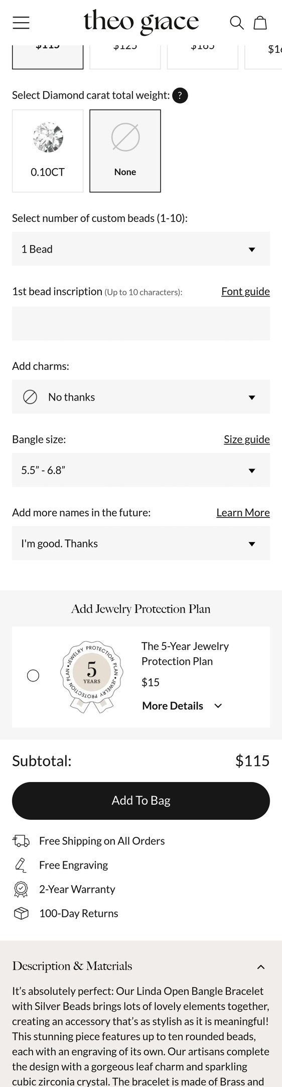 Jewelry product options include: necklace, bracelet, pendant for Linda Open Bangle Bracelet with Sterling Silver Beads from Theo Grace.
