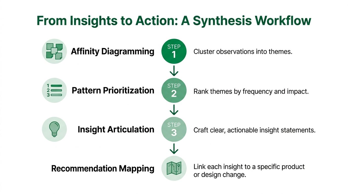 A four-step synthesis workflow diagram illustrating the process from affinity diagramming to recommendation mapping for research.