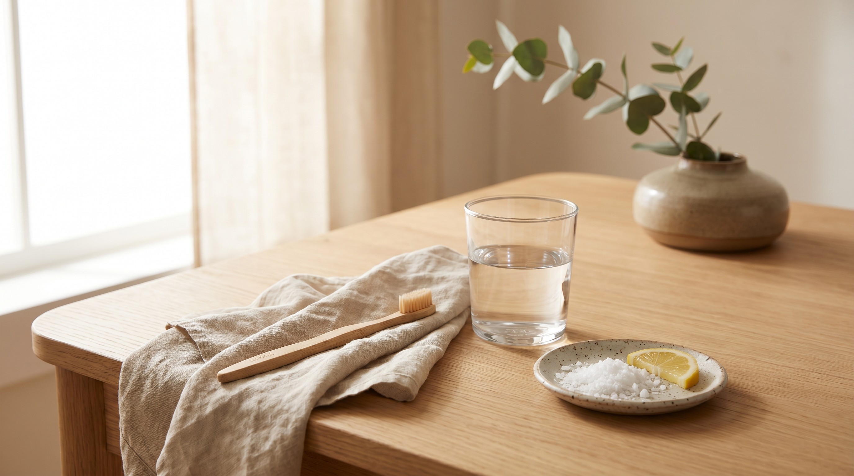 Soft morning light on an oak desk with a glass of water, soft toothbrush, and small dish of salt
