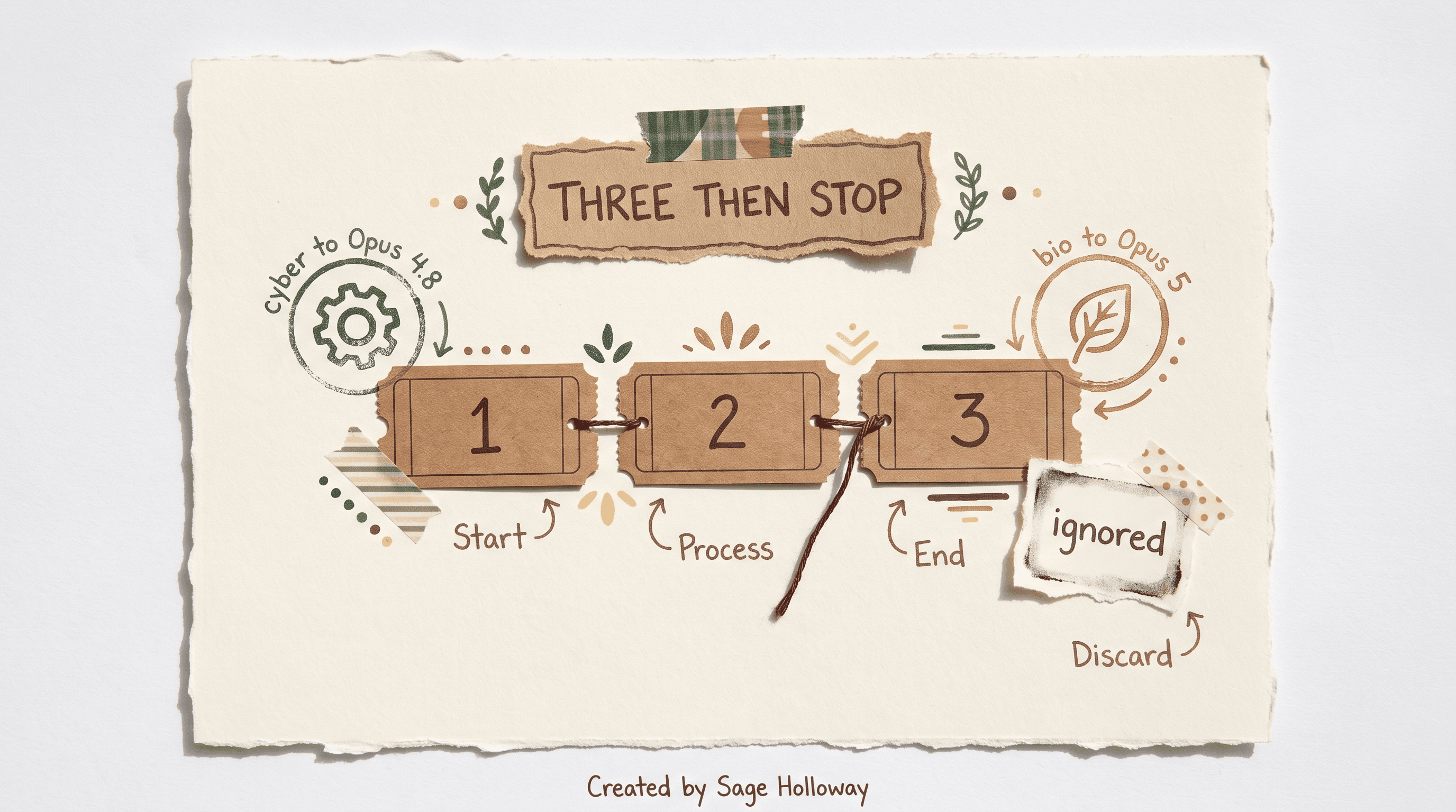 Scrapbook diagram of Claude Code fallback model chains capped at three plus content-triggered safety hops