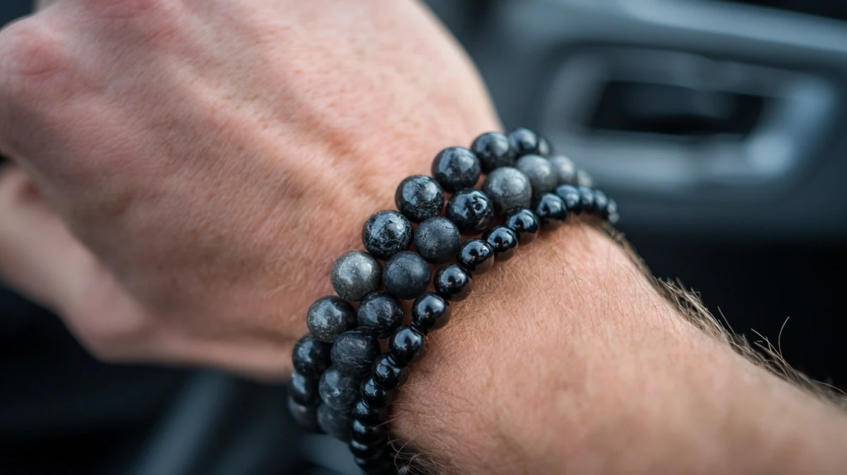 Hematite bracelet stacked with black tourmaline and onyx bracelets