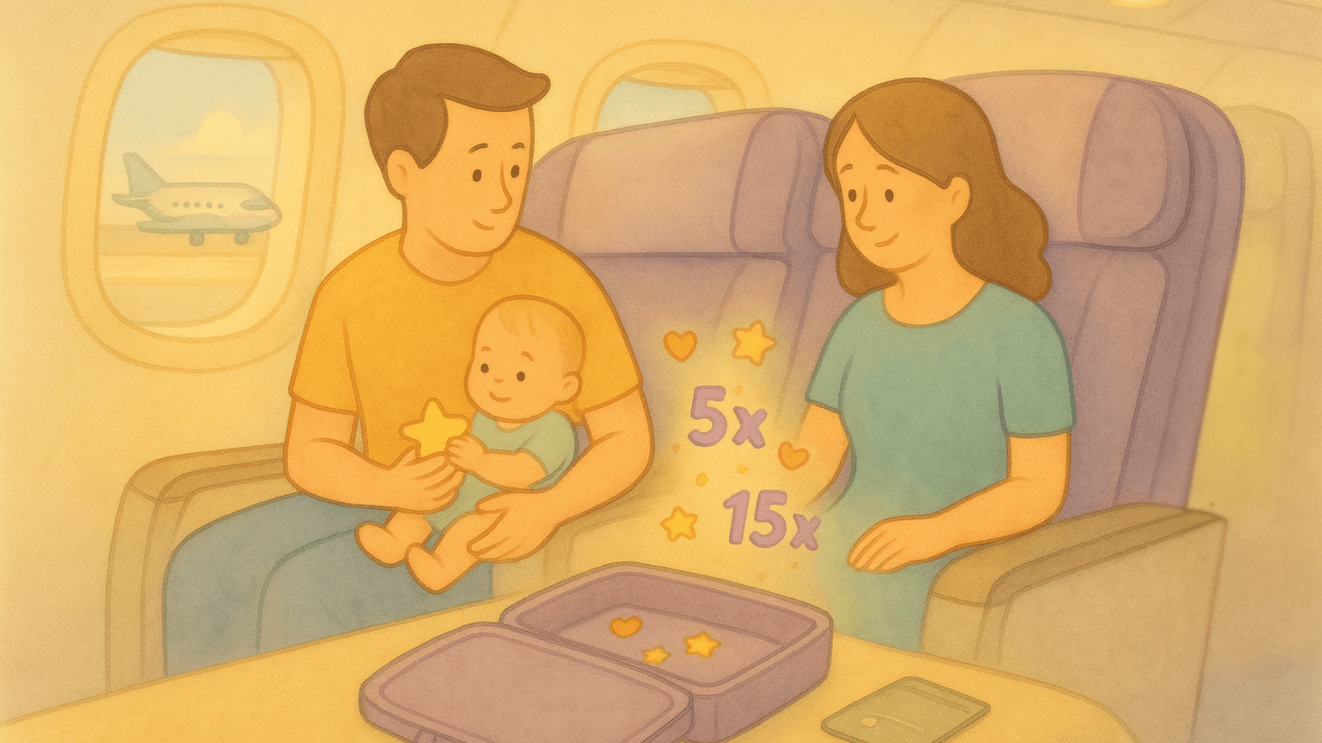 Família viajando em classe executiva em um avião, ilustrada em estilo aquarela suave. A mãe segura o bebê no colo ao lado da janela, enquanto o pai observa com carinho. As poltronas largas e confortáveis, iluminação suave e atmosfera acolhedora destacam a experiência premium de voo.