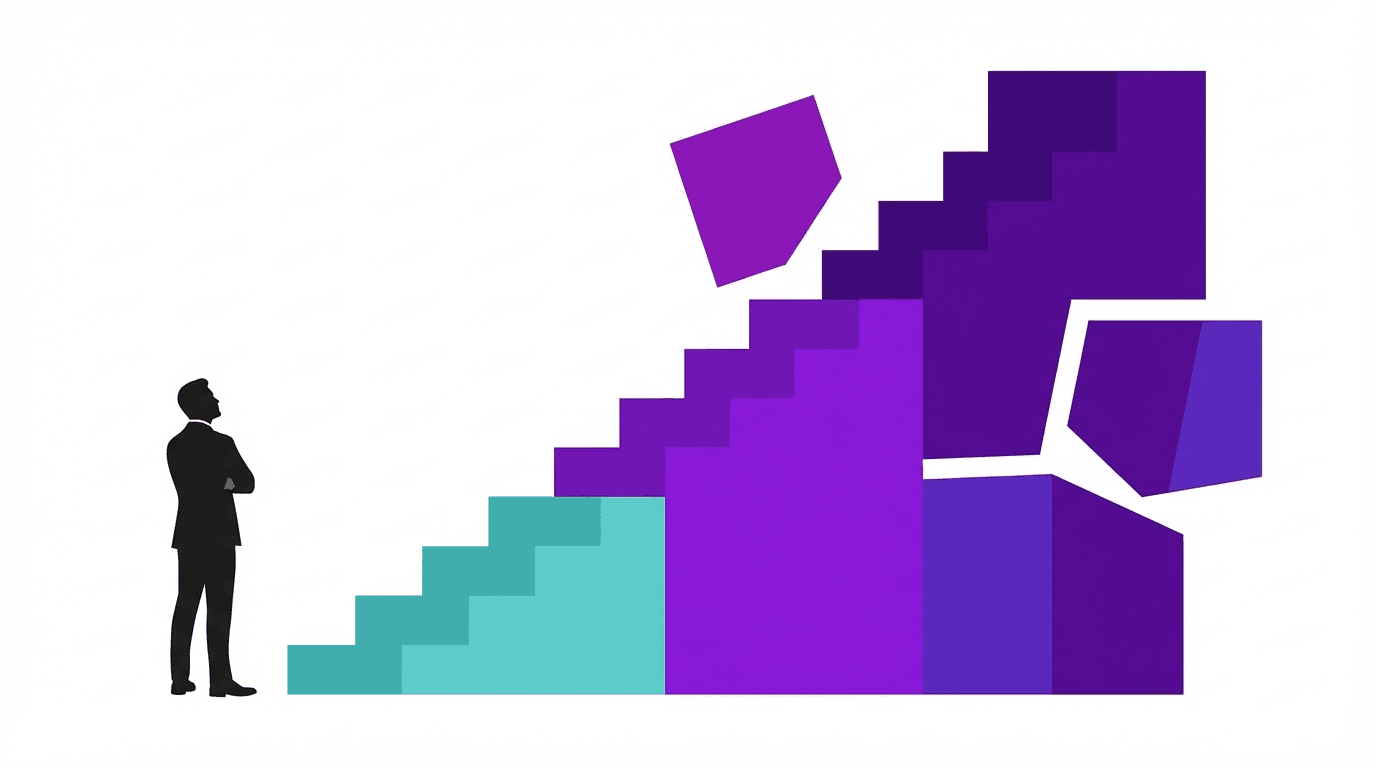 A silhouette of a person stands beside colorful stairs leading upward, with geometric shapes above.