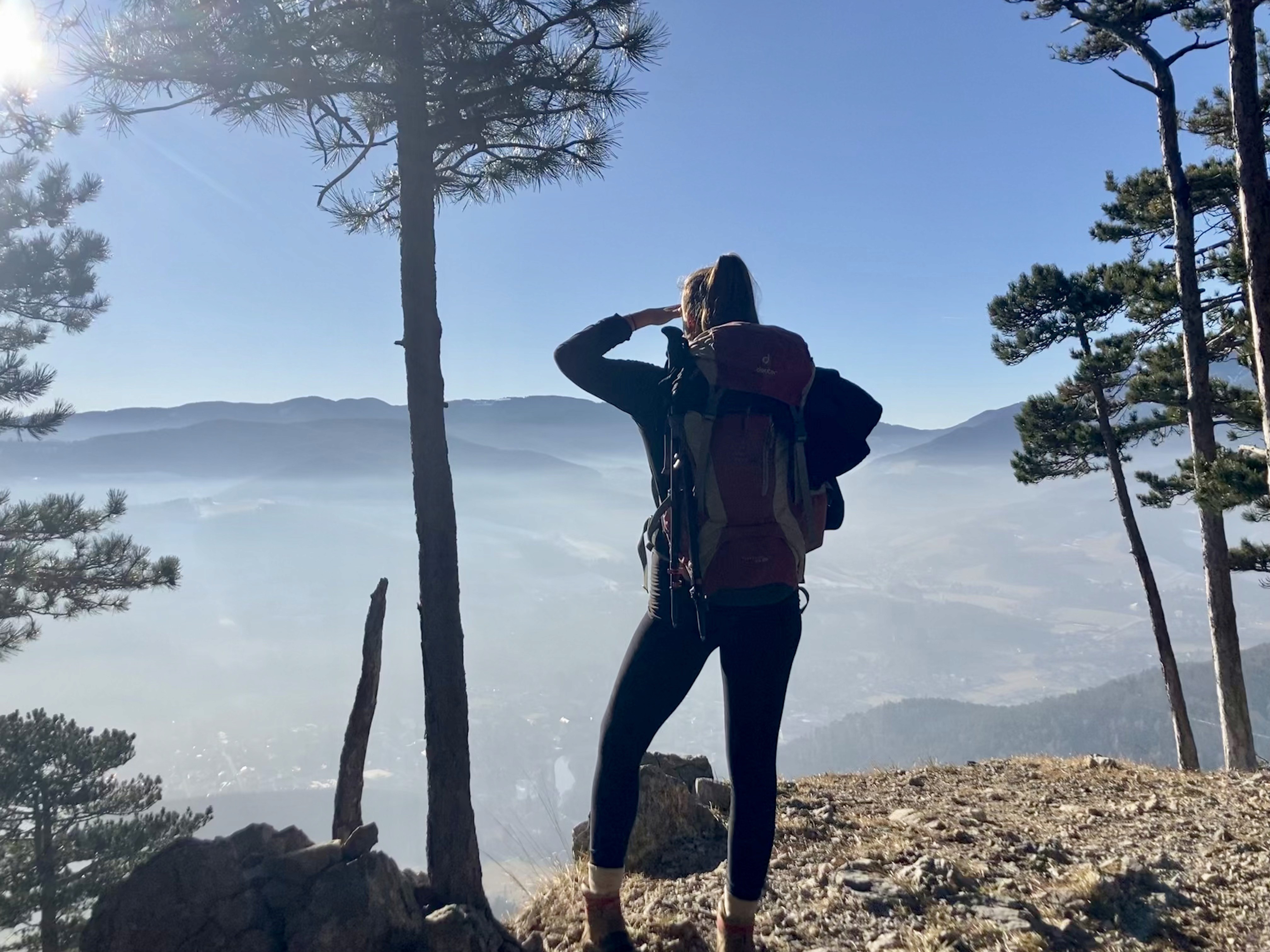 Manuela Schlager blickt in einem Wald auf das Nebelmeer im Tal