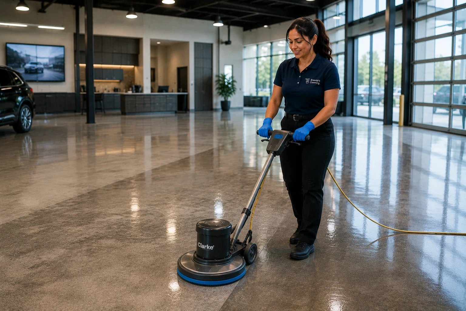A smiling commercial floor cleaning specialist with Brenda's Cleaning service operating an industrial Clarke floor buffer machine to polish and maintain glossy sealed concrete floors. Dressed in a branded navy blue uniform polo shirt, black work pants with a belt, black shoes, and blue protective gloves, she guides the floor burnisher across a large showroom floor. The scene showcases professional commercial floor care, industrial concrete floor polishing, and automotive dealership janitorial services inside a modern facility featuring large glass garage doors, a kitchen break area, and a vehicle partially visible on the left.