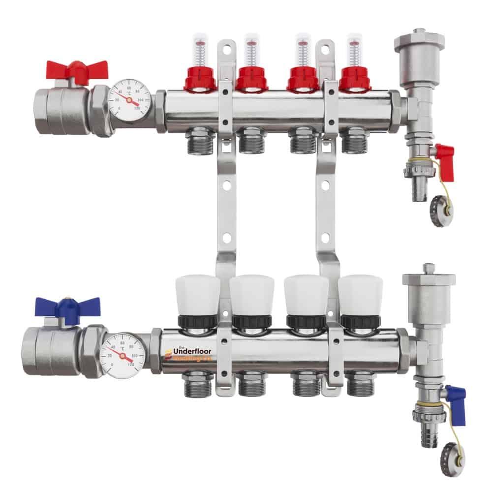 Underfloor heating manifold with multiple zone valves in a UK property where heat pump short cycling was caused by low flow rate