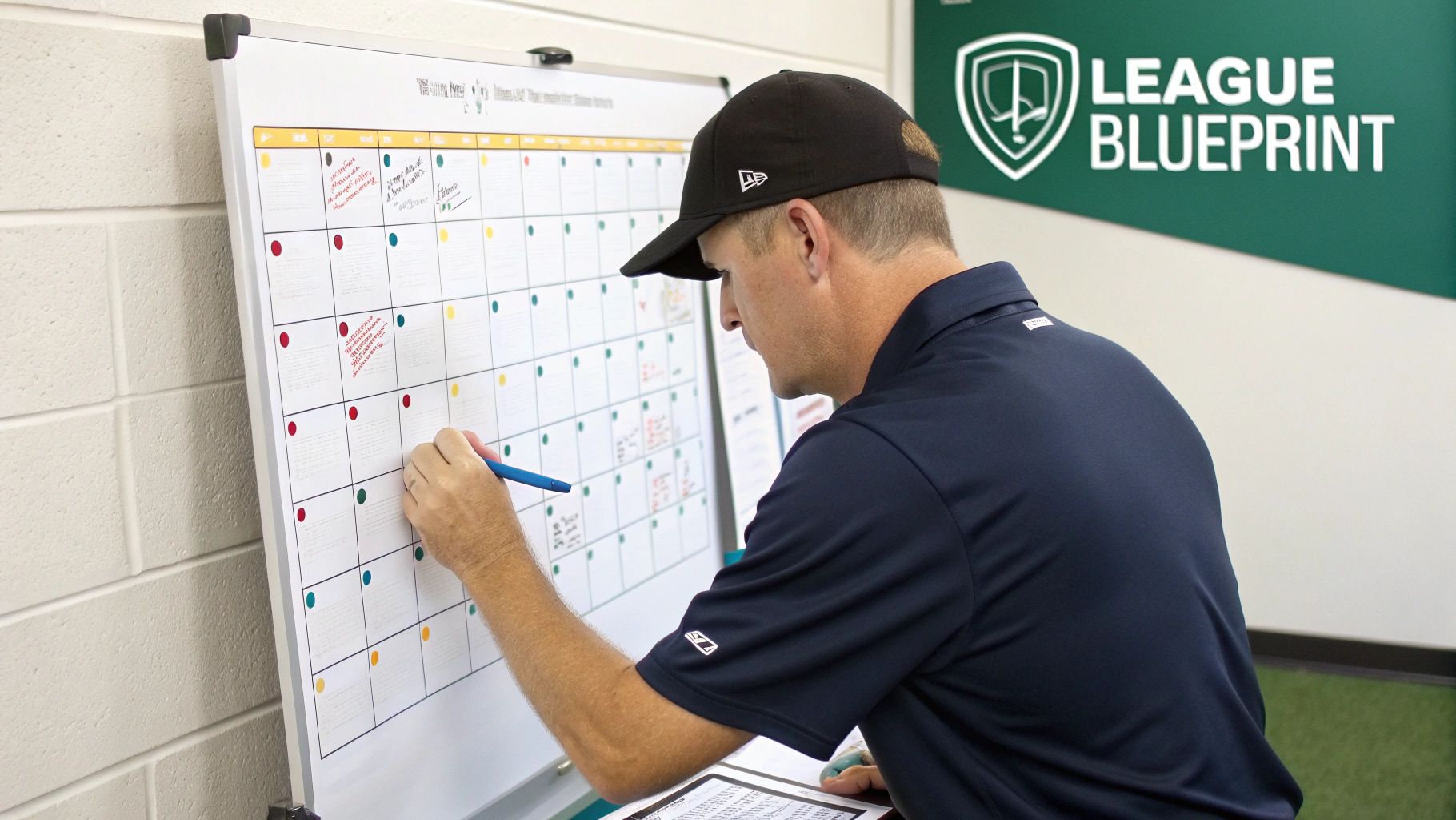 A man marking dates on a large calendar board for a golf league program.