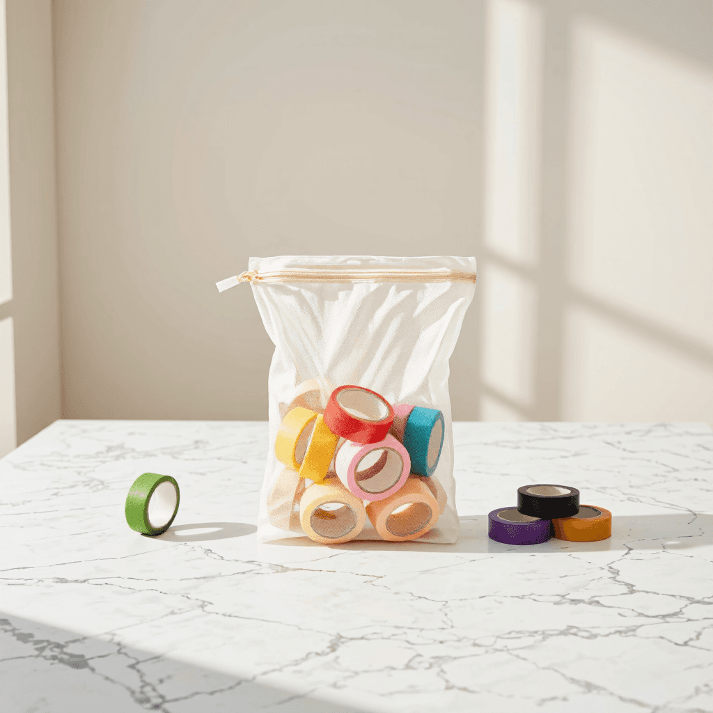 product photography of a transparent mesh storage bag containing various tape rolls