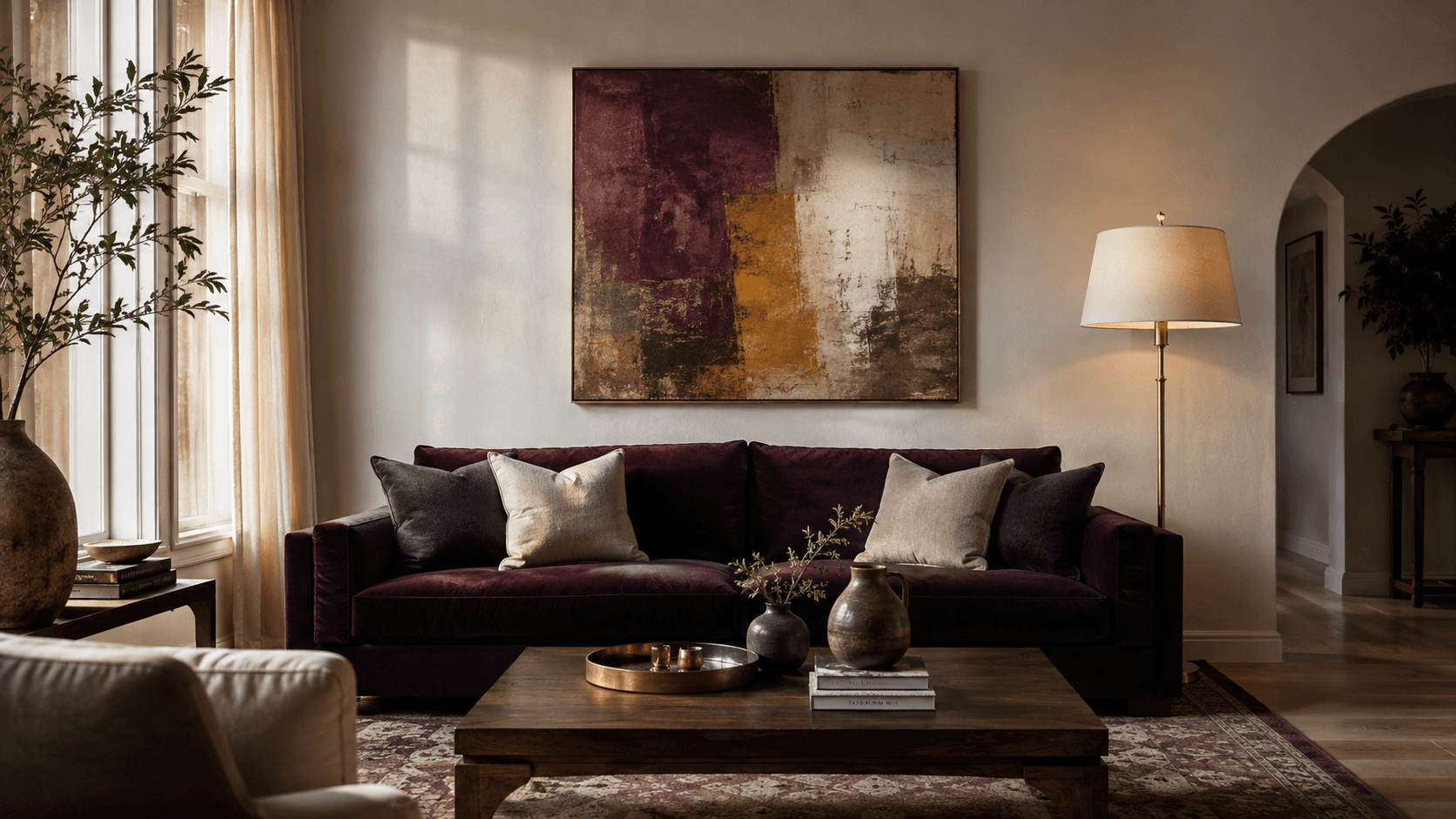 Modern living room with a deep purple velvet sofa, neutral throw pillows, abstract wall art, wooden coffee table with decorative vases, floor lamp, and natural light from large windows with sheer curtains. Contemporary home interior design inspiration