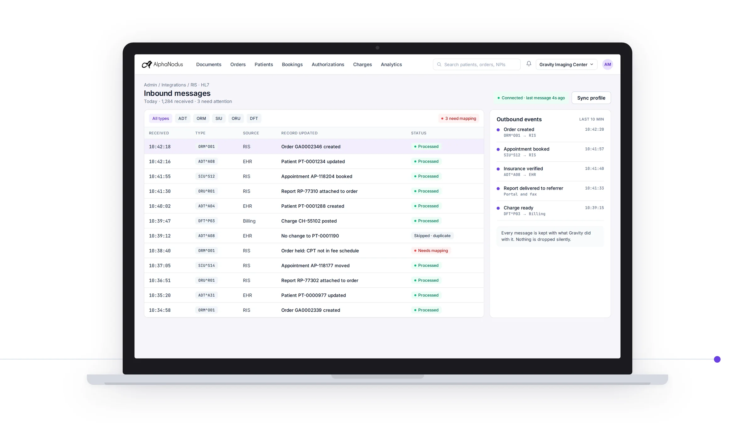 Gravity's inbound messages on a laptop: each HL7 message with its type, source, the record it updated and its status, beside the outbound events