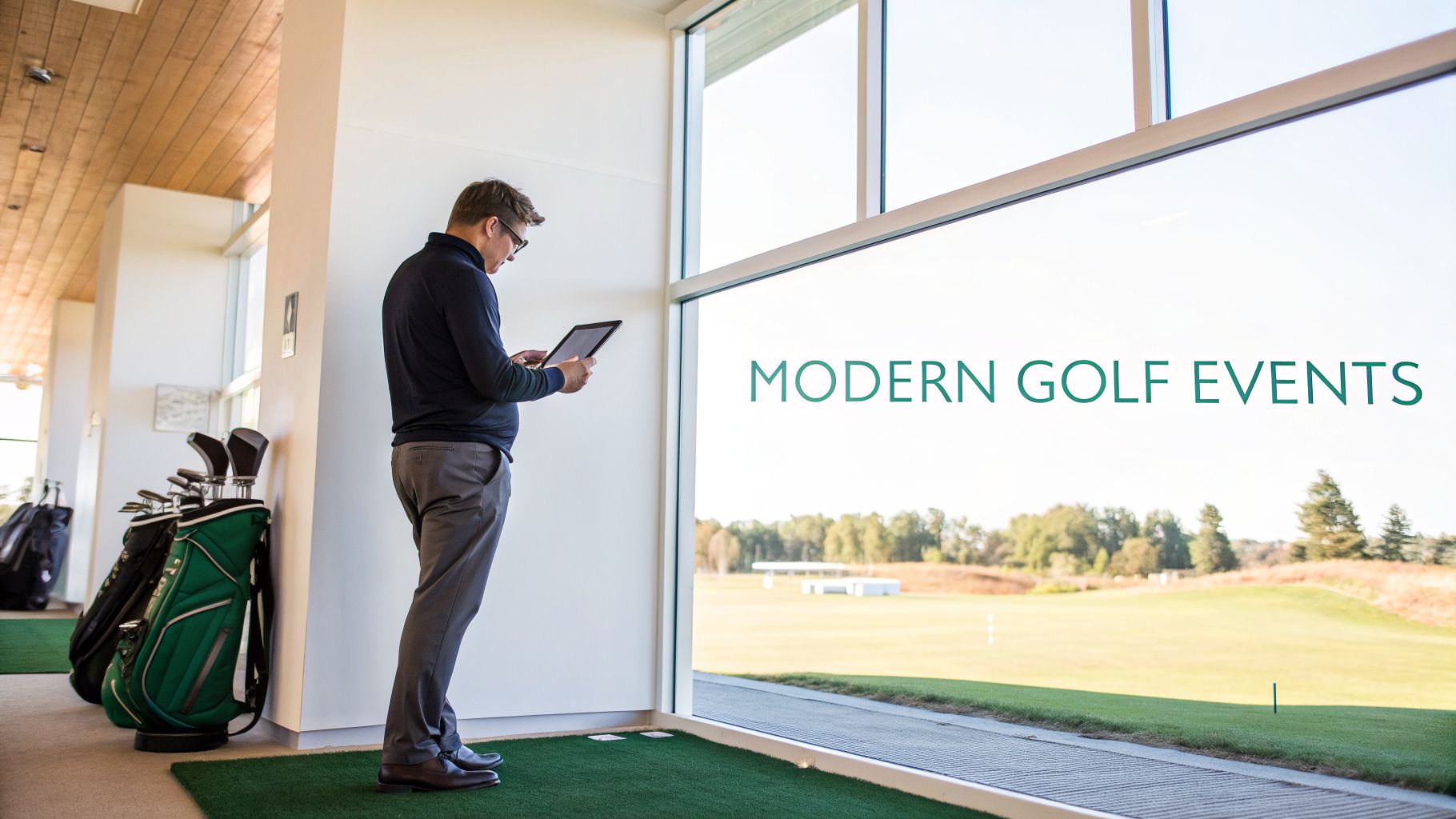 A man reviews a tablet at a modern golf facility, overlooking a lush golf course with 'MODERN GOLF EVENTS' text.