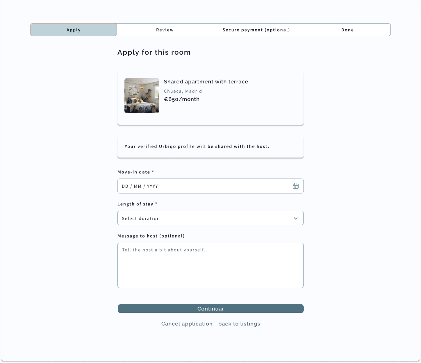 Urbiqo app screenshot showing verification options screen with document upload and profile sections